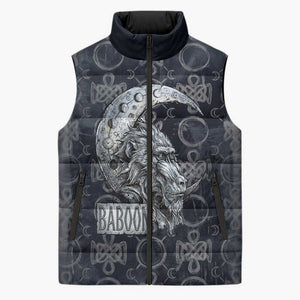 Khonsu Ancient Egyptian Sleeveless Puffer Jacket with Dark Celtic Knot Pattern, Baboon Guardian Symbol, and Moon Healer Motif - African Pride