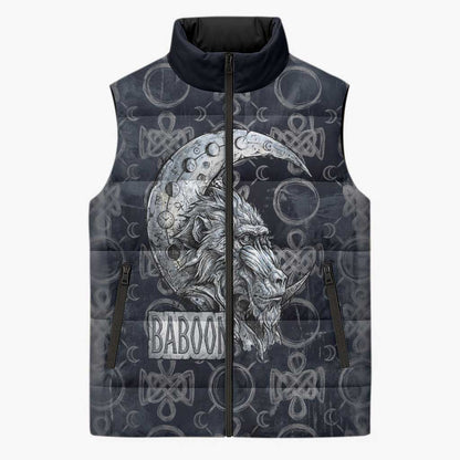 Khonsu Ancient Egyptian Sleeveless Puffer Jacket with Dark Celtic Knot Pattern, Baboon Guardian Symbol, and Moon Healer Motif - African Pride
