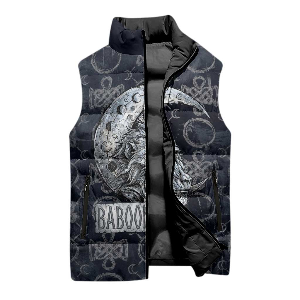 Khonsu Ancient Egyptian Sleeveless Puffer Jacket with Dark Celtic Knot Pattern, Baboon Guardian Symbol, and Moon Healer Motif - African Pride