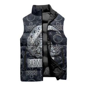 Khonsu Ancient Egyptian Sleeveless Puffer Jacket with Dark Celtic Knot Pattern, Baboon Guardian Symbol, and Moon Healer Motif - African Pride