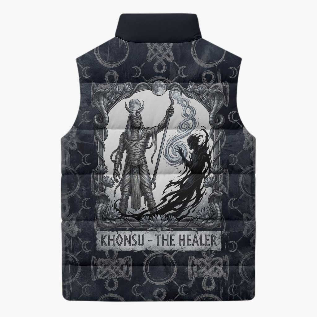 Khonsu Ancient Egyptian Sleeveless Puffer Jacket with Dark Celtic Knot Pattern, Baboon Guardian Symbol, and Moon Healer Motif - African Pride