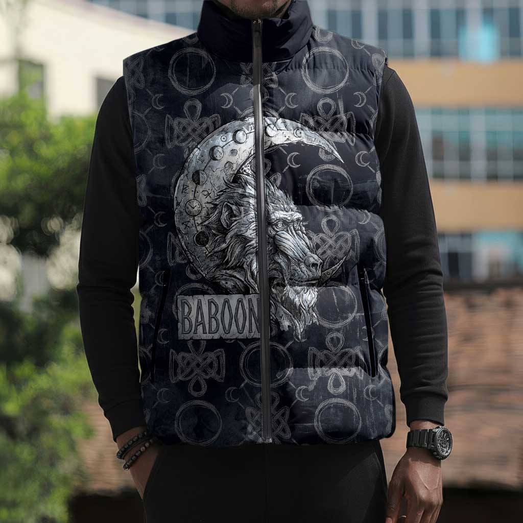 Khonsu Ancient Egyptian Sleeveless Puffer Jacket with Dark Celtic Knot Pattern, Baboon Guardian Symbol, and Moon Healer Motif - African Pride