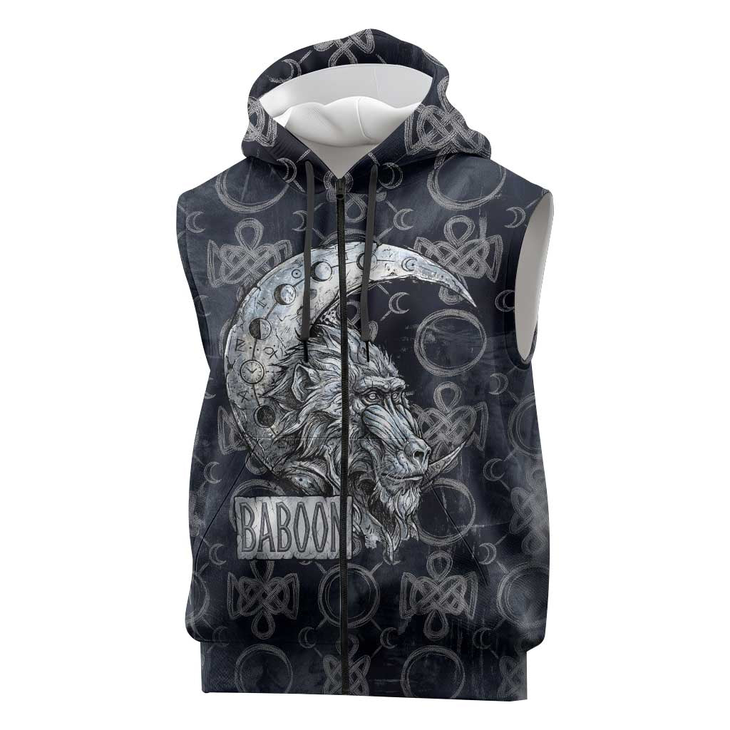 Khonsu Ancient Egyptian Sleeveless Zip Hoodie with Dark Celtic Knot Pattern, Baboon Guardian Symbol, and Moon Healer Motif - African Pride