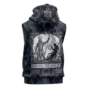 Khonsu Ancient Egyptian Sleeveless Zip Hoodie with Dark Celtic Knot Pattern, Baboon Guardian Symbol, and Moon Healer Motif - African Pride
