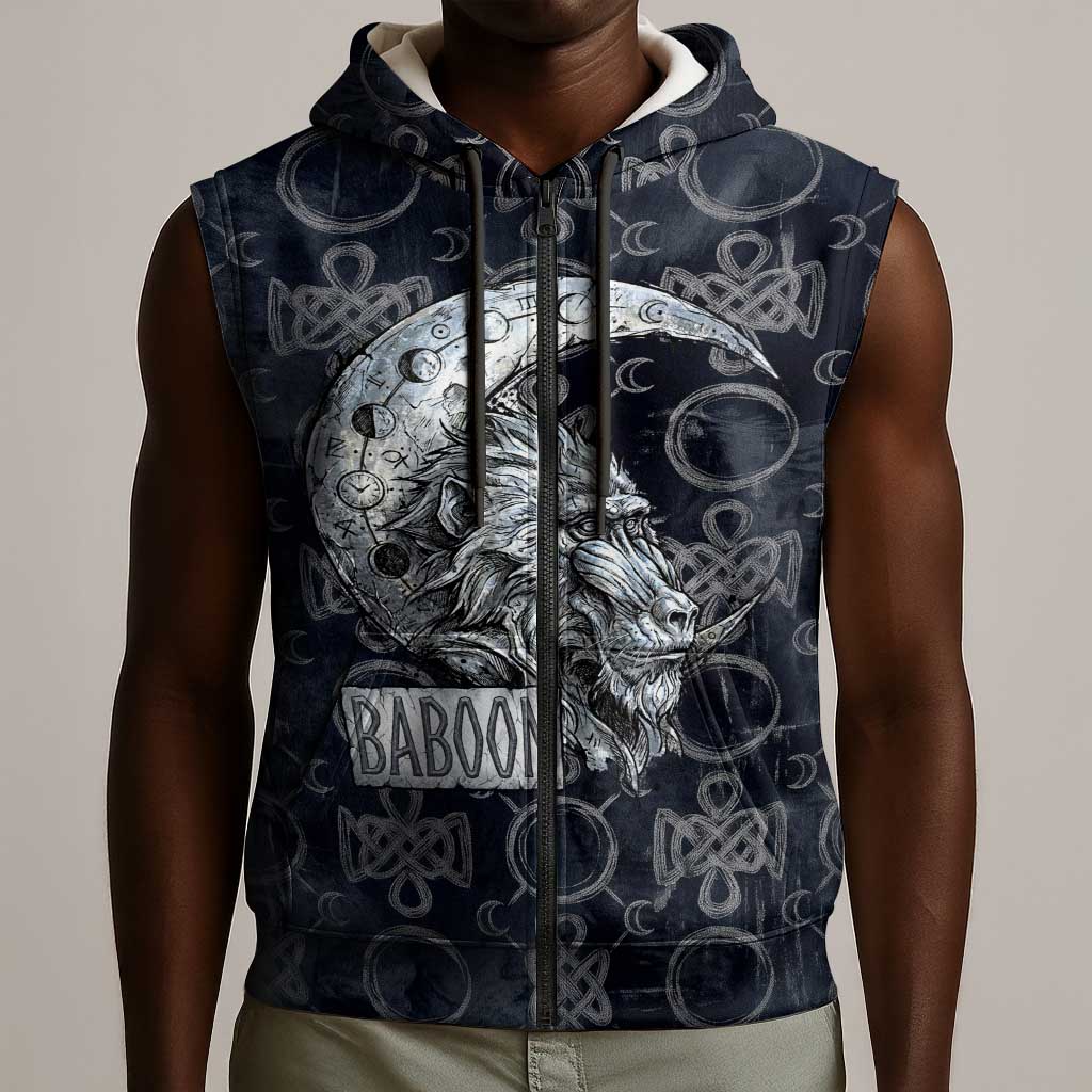 Khonsu Ancient Egyptian Sleeveless Zip Hoodie with Dark Celtic Knot Pattern, Baboon Guardian Symbol, and Moon Healer Motif - African Pride