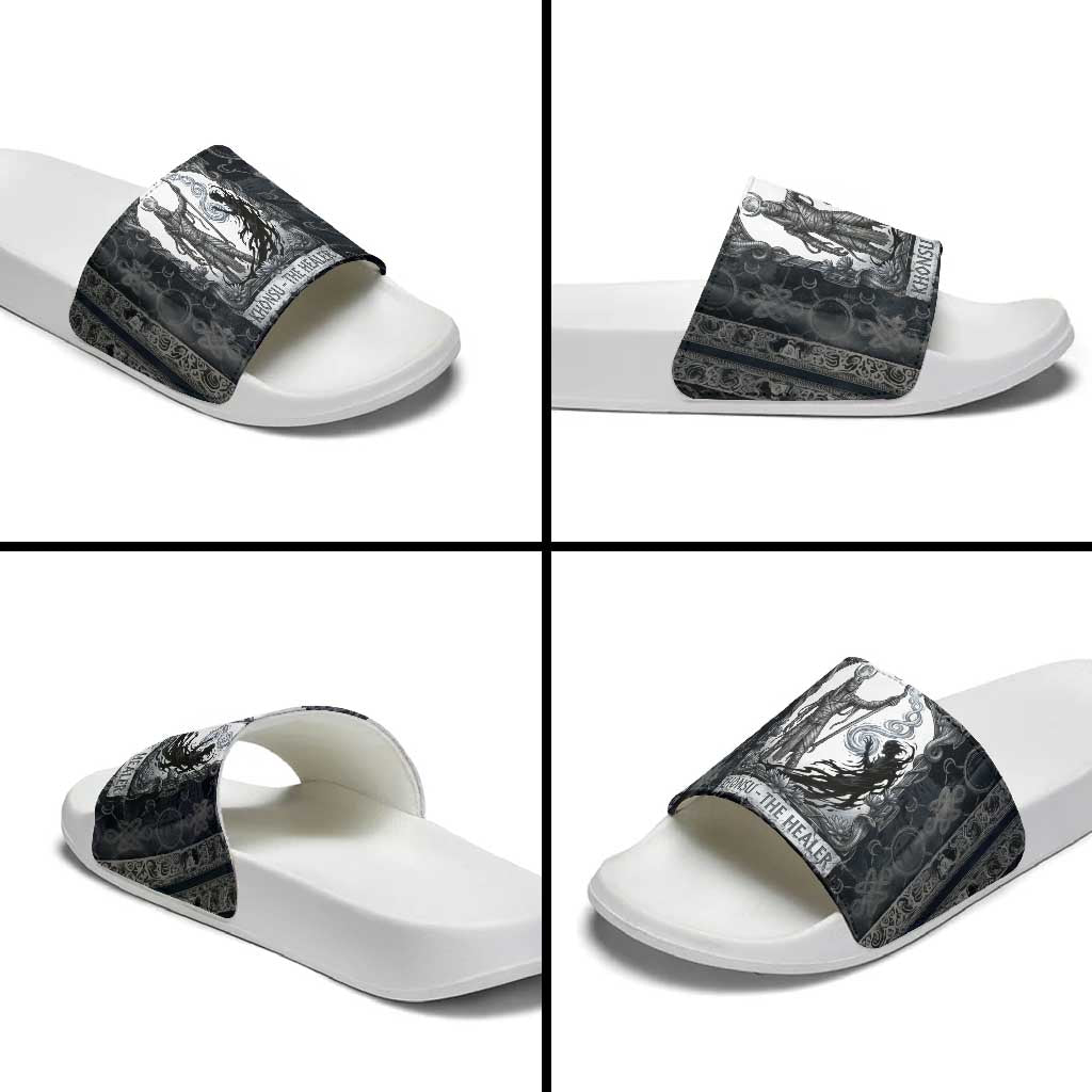 Khonsu Ancient Egyptian Slide Sandals with Dark Celtic Knot Pattern, Baboon Guardian Symbol, and Moon Healer Motif - African Pride