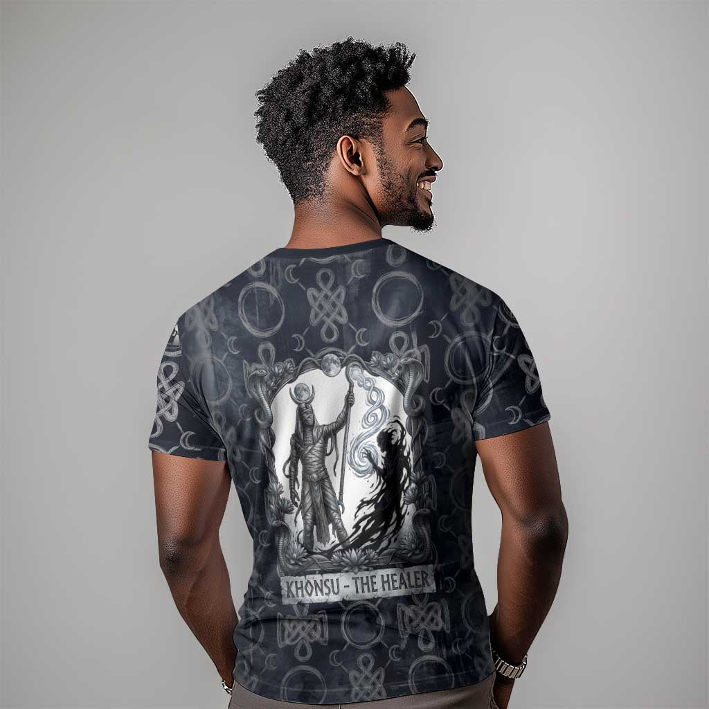 Khonsu Ancient Egyptian T shirt with Dark Celtic Knot Pattern, Baboon Guardian Symbol, and Moon Healer Motif - African Pride
