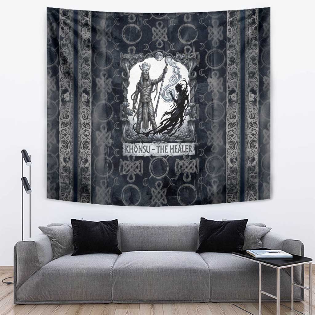 Khonsu Ancient Egyptian Tapestry with Dark Celtic Knot Pattern, Baboon Guardian Symbol, and Moon Healer Motif - African Pride