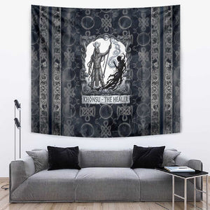 Khonsu Ancient Egyptian Tapestry with Dark Celtic Knot Pattern, Baboon Guardian Symbol, and Moon Healer Motif - African Pride