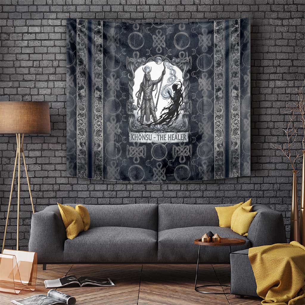 Khonsu Ancient Egyptian Tapestry with Dark Celtic Knot Pattern, Baboon Guardian Symbol, and Moon Healer Motif - African Pride