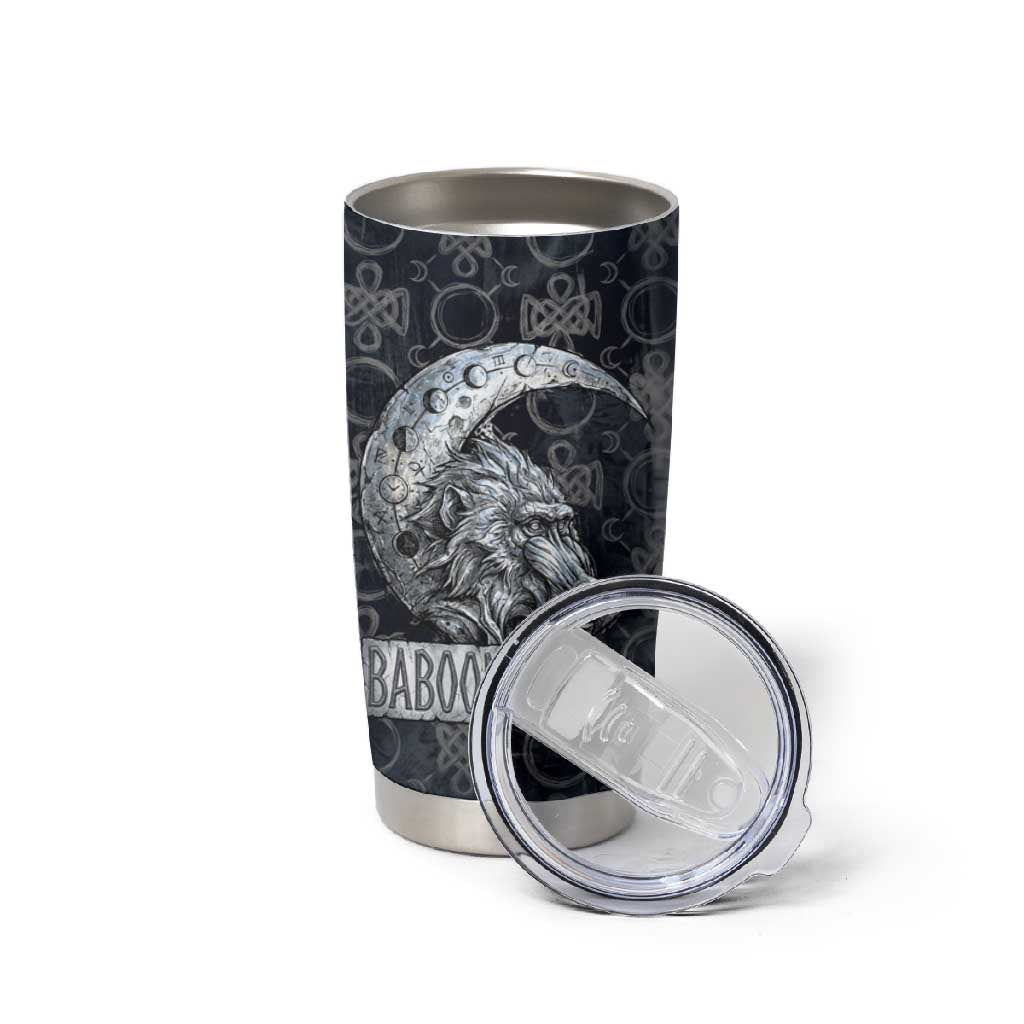 Khonsu Ancient Egyptian Tumbler Cup with Dark Celtic Knot Pattern, Baboon Guardian Symbol, and Moon Healer Motif - African Pride