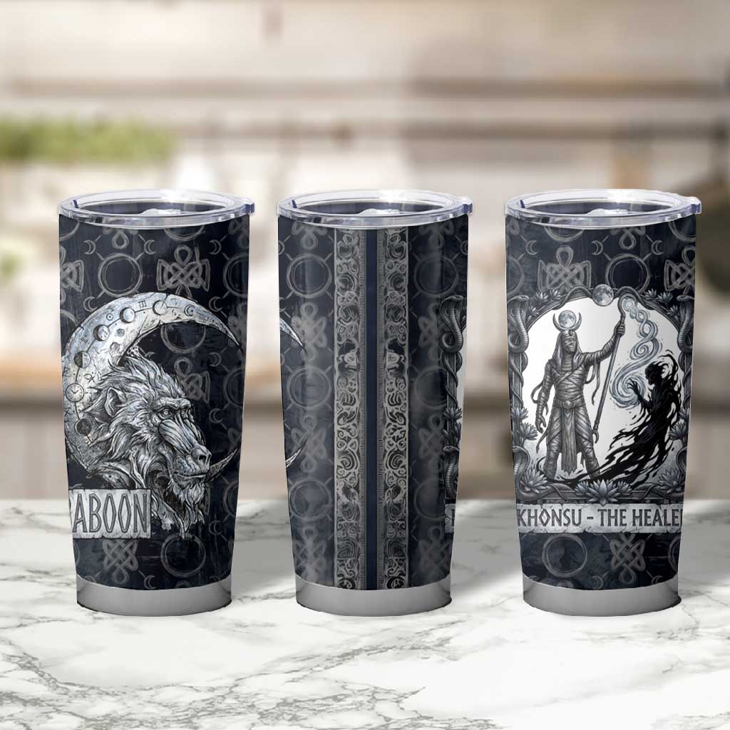 Khonsu Ancient Egyptian Tumbler Cup with Dark Celtic Knot Pattern, Baboon Guardian Symbol, and Moon Healer Motif - African Pride