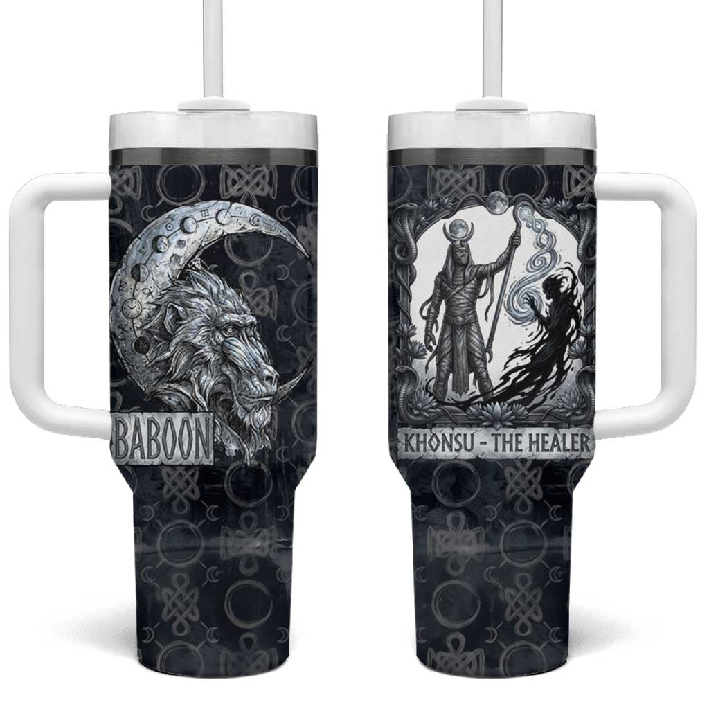 Khonsu Ancient Egyptian Tumbler With Handle with Dark Celtic Knot Pattern, Baboon Guardian Symbol, and Moon Healer Motif - African Pride