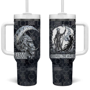 Khonsu Ancient Egyptian Tumbler With Handle with Dark Celtic Knot Pattern, Baboon Guardian Symbol, and Moon Healer Motif - African Pride