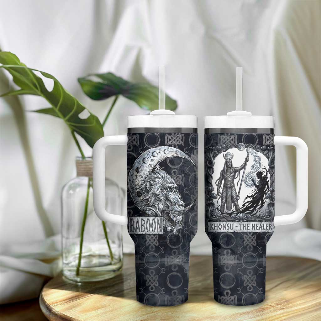 Khonsu Ancient Egyptian Tumbler With Handle with Dark Celtic Knot Pattern, Baboon Guardian Symbol, and Moon Healer Motif - African Pride