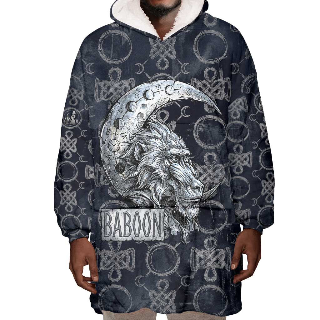 Khonsu Ancient Egyptian Wearable Blanket Hoodie with Dark Celtic Knot Pattern, Baboon Guardian Symbol, and Moon Healer Motif - African Pride