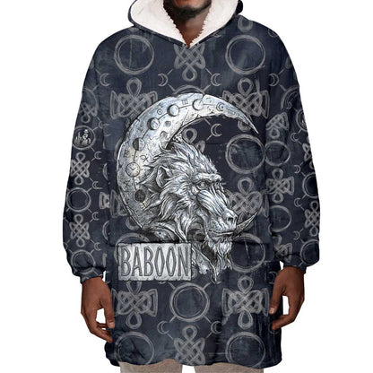 Khonsu Ancient Egyptian Wearable Blanket Hoodie with Dark Celtic Knot Pattern, Baboon Guardian Symbol, and Moon Healer Motif - African Pride
