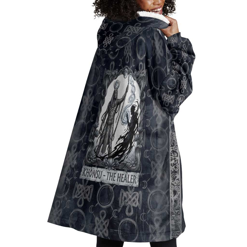 Khonsu Ancient Egyptian Wearable Blanket Hoodie with Dark Celtic Knot Pattern, Baboon Guardian Symbol, and Moon Healer Motif - African Pride