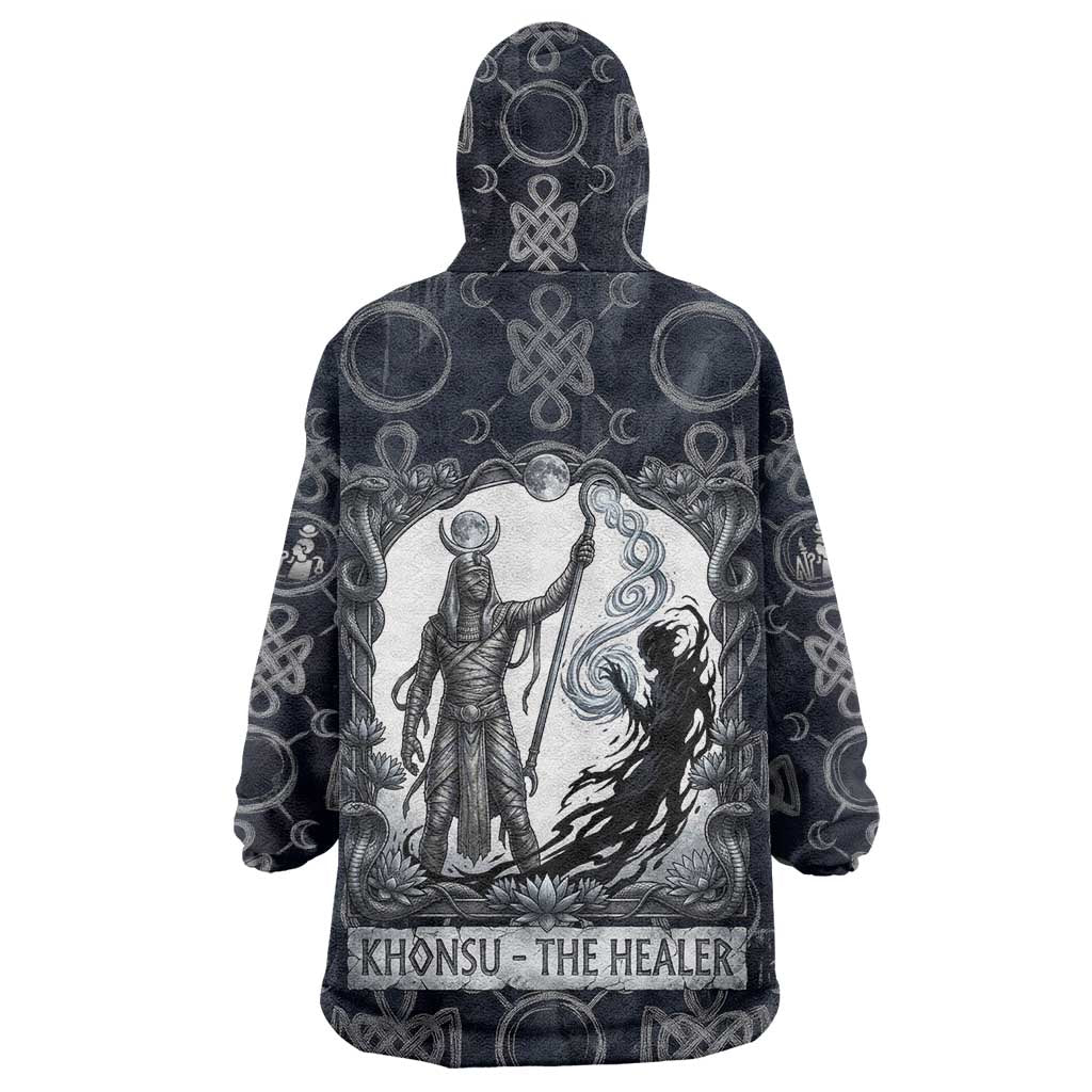 Khonsu Ancient Egyptian Wearable Blanket Hoodie with Dark Celtic Knot Pattern, Baboon Guardian Symbol, and Moon Healer Motif - African Pride