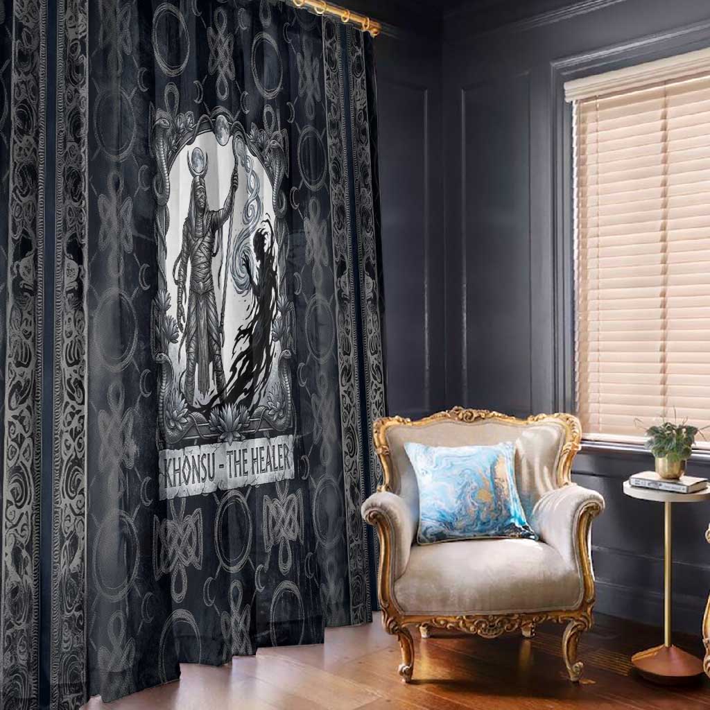 Khonsu Ancient Egyptian Window Curtain with Dark Celtic Knot Pattern, Baboon Guardian Symbol, and Moon Healer Motif - African Pride