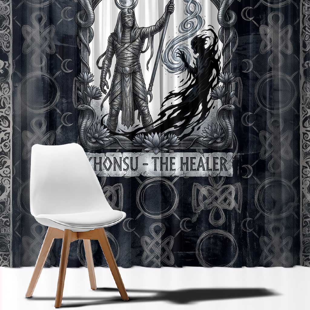 Khonsu Ancient Egyptian Window Curtain with Dark Celtic Knot Pattern, Baboon Guardian Symbol, and Moon Healer Motif - African Pride