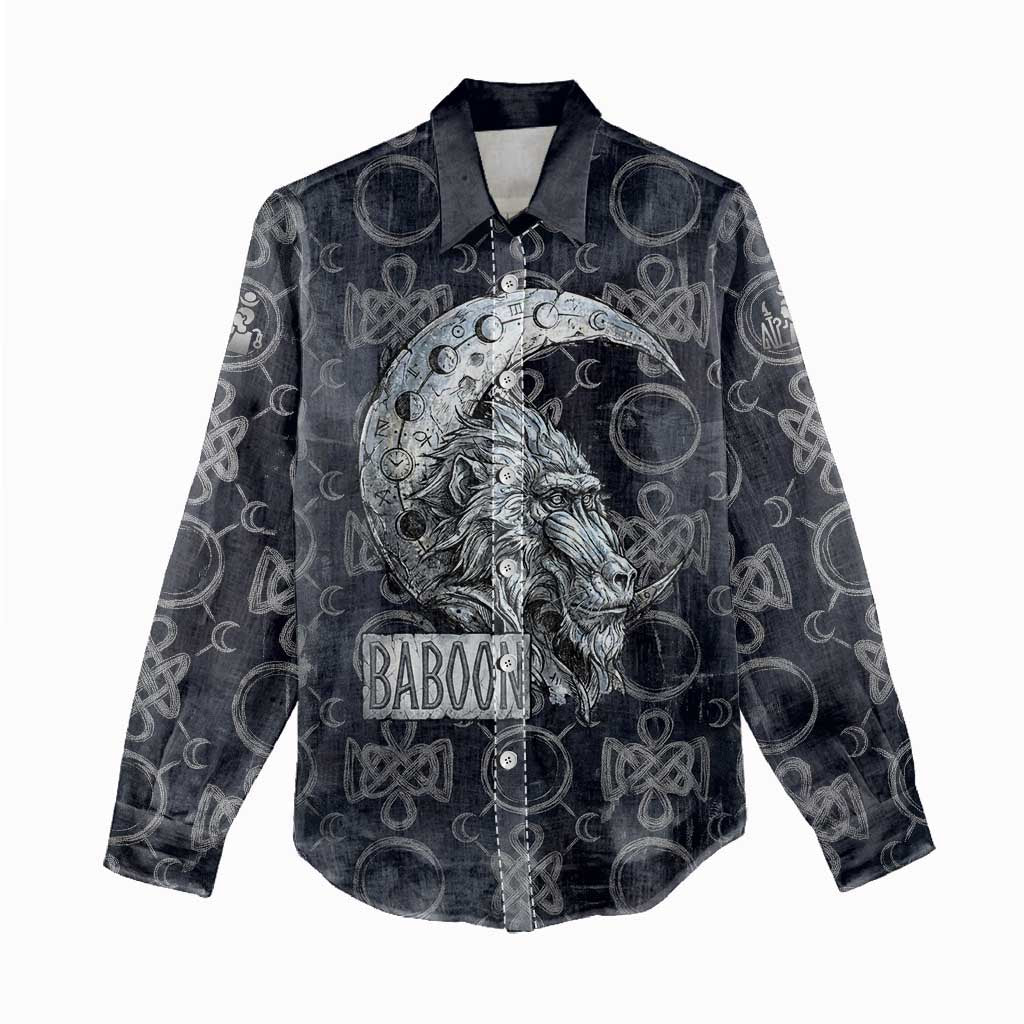 Khonsu Ancient Egyptian Women Casual Shirt with Dark Celtic Knot Pattern, Baboon Guardian Symbol, and Moon Healer Motif - African Pride
