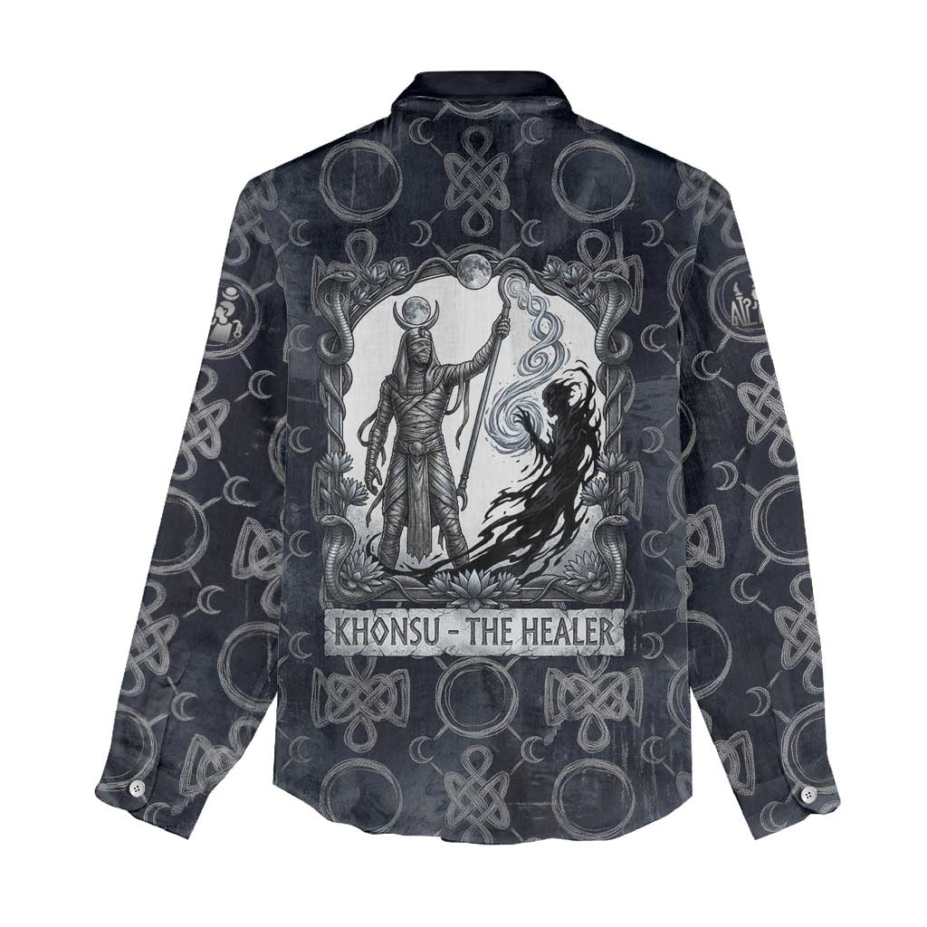 Khonsu Ancient Egyptian Women Casual Shirt with Dark Celtic Knot Pattern, Baboon Guardian Symbol, and Moon Healer Motif - African Pride