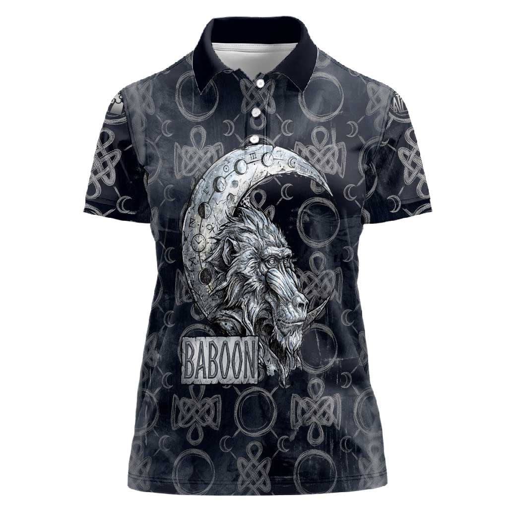 Khonsu Ancient Egyptian Women Polo Shirt with Dark Celtic Knot Pattern, Baboon Guardian Symbol, and Moon Healer Motif - African Pride
