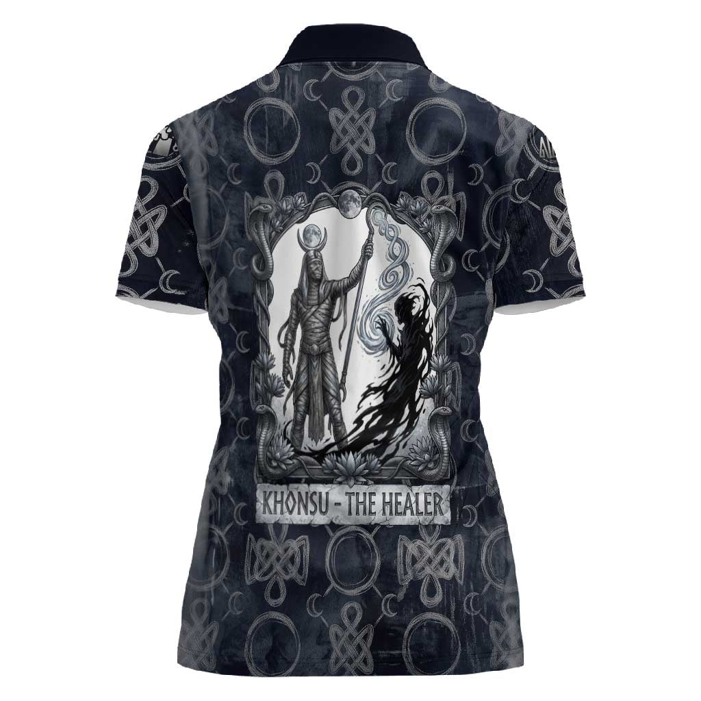 Khonsu Ancient Egyptian Women Polo Shirt with Dark Celtic Knot Pattern, Baboon Guardian Symbol, and Moon Healer Motif - African Pride