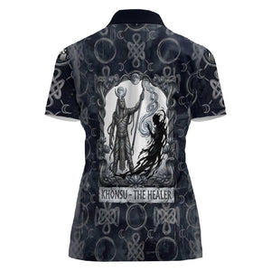 Khonsu Ancient Egyptian Women Polo Shirt with Dark Celtic Knot Pattern, Baboon Guardian Symbol, and Moon Healer Motif - African Pride