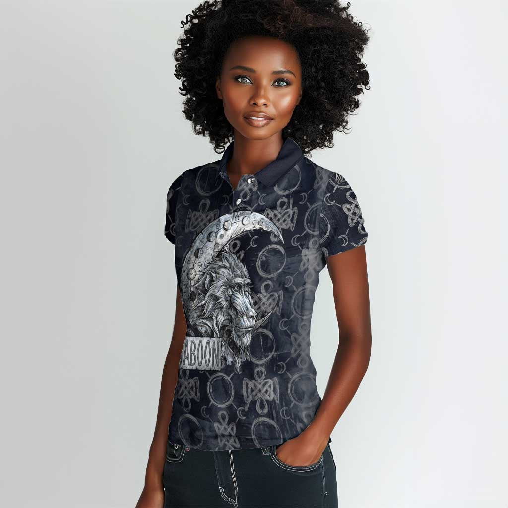 Khonsu Ancient Egyptian Women Polo Shirt with Dark Celtic Knot Pattern, Baboon Guardian Symbol, and Moon Healer Motif - African Pride