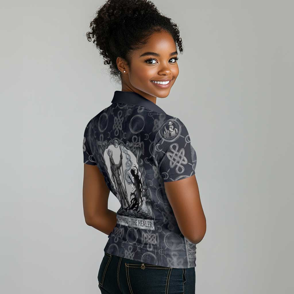 Khonsu Ancient Egyptian Women Polo Shirt with Dark Celtic Knot Pattern, Baboon Guardian Symbol, and Moon Healer Motif - African Pride