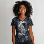 Khonsu Ancient Egyptian Women V-Neck T-Shirt with Dark Celtic Knot Pattern, Baboon Guardian Symbol, and Moon Healer Motif - African Pride