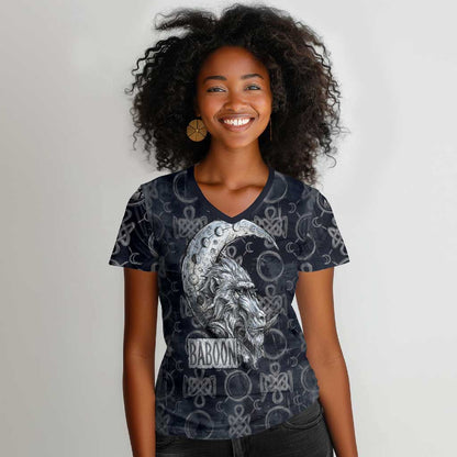 Khonsu Ancient Egyptian Women V-Neck T-Shirt with Dark Celtic Knot Pattern, Baboon Guardian Symbol, and Moon Healer Motif - African Pride