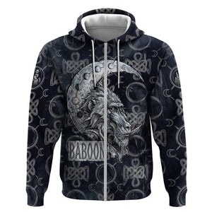 Khonsu Ancient Egyptian Zip Hoodie with Dark Celtic Knot Pattern, Baboon Guardian Symbol, and Moon Healer Motif - African Pride