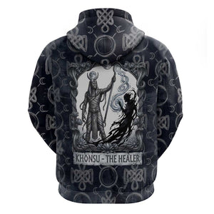 Khonsu Ancient Egyptian Zip Hoodie with Dark Celtic Knot Pattern, Baboon Guardian Symbol, and Moon Healer Motif - African Pride