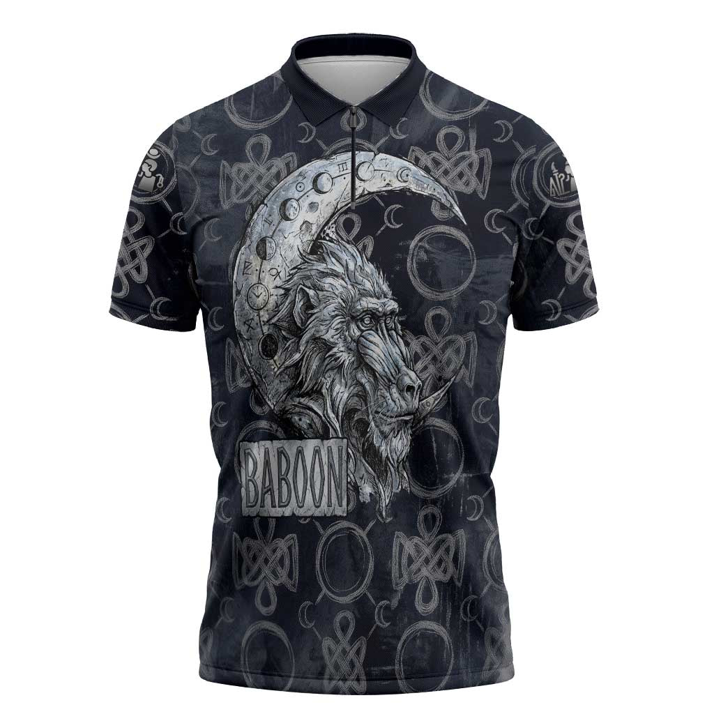 Khonsu Ancient Egyptian Zipper Polo Shirt with Dark Celtic Knot Pattern, Baboon Guardian Symbol, and Moon Healer Motif - African Pride