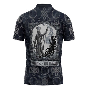 Khonsu Ancient Egyptian Zipper Polo Shirt with Dark Celtic Knot Pattern, Baboon Guardian Symbol, and Moon Healer Motif - African Pride