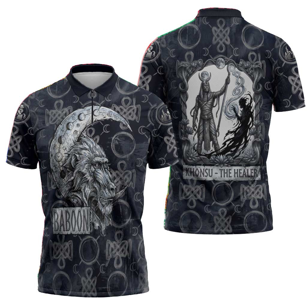 Khonsu Ancient Egyptian Zipper Polo Shirt with Dark Celtic Knot Pattern, Baboon Guardian Symbol, and Moon Healer Motif - African Pride