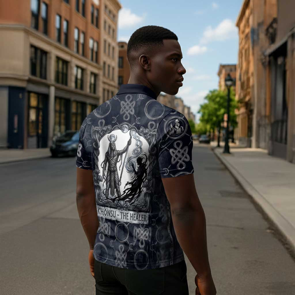 Khonsu Ancient Egyptian Zipper Polo Shirt with Dark Celtic Knot Pattern, Baboon Guardian Symbol, and Moon Healer Motif - African Pride