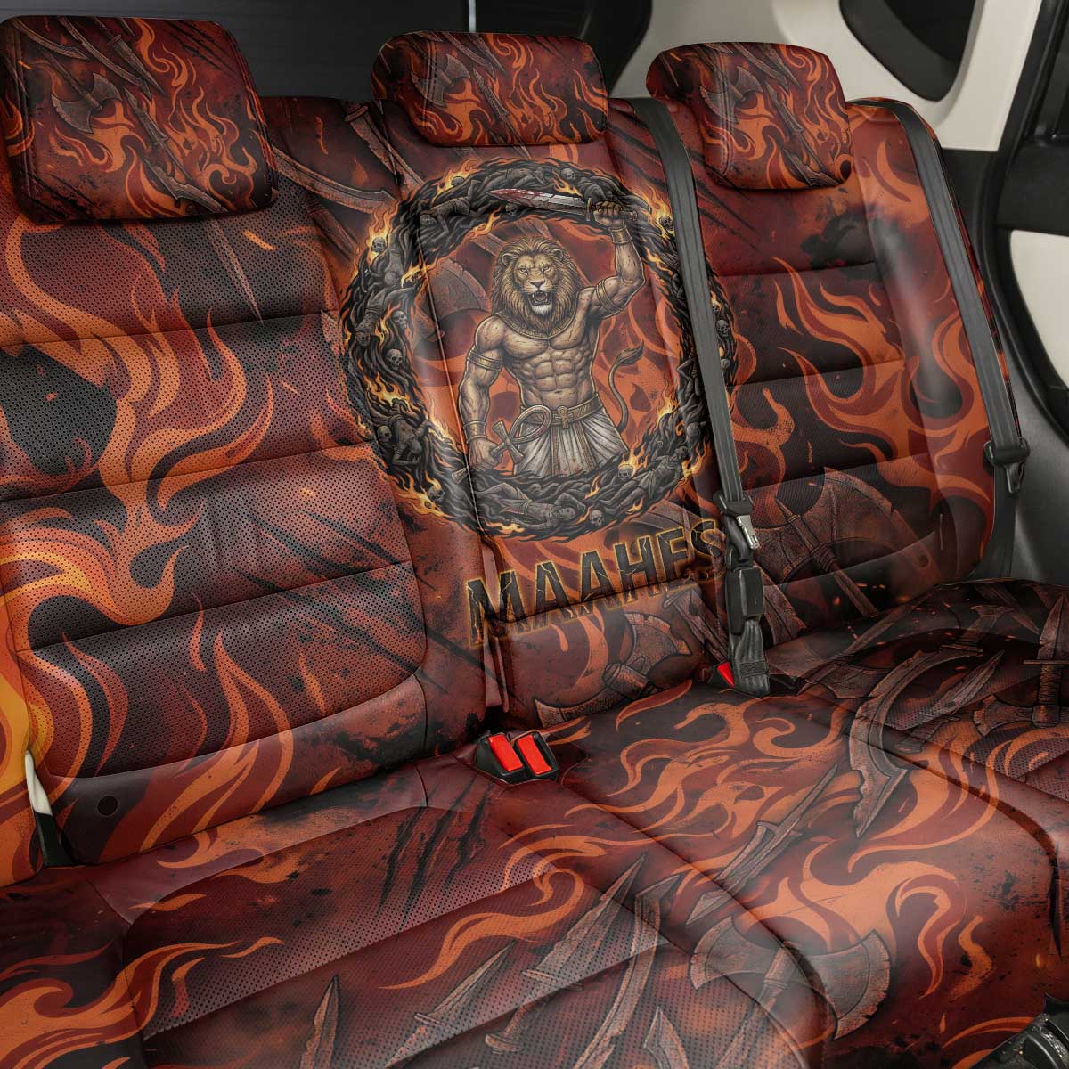 Maahes Back Car Seat Cover Ancient Egyptian Fiery Red Flame - Roaring Lion Head - African Pride