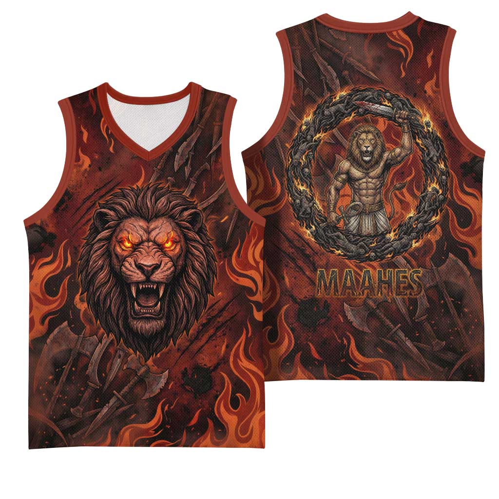 Maahes Basketball Jersey Ancient Egyptian Fiery Red Flame - Roaring Lion Head - African Pride
