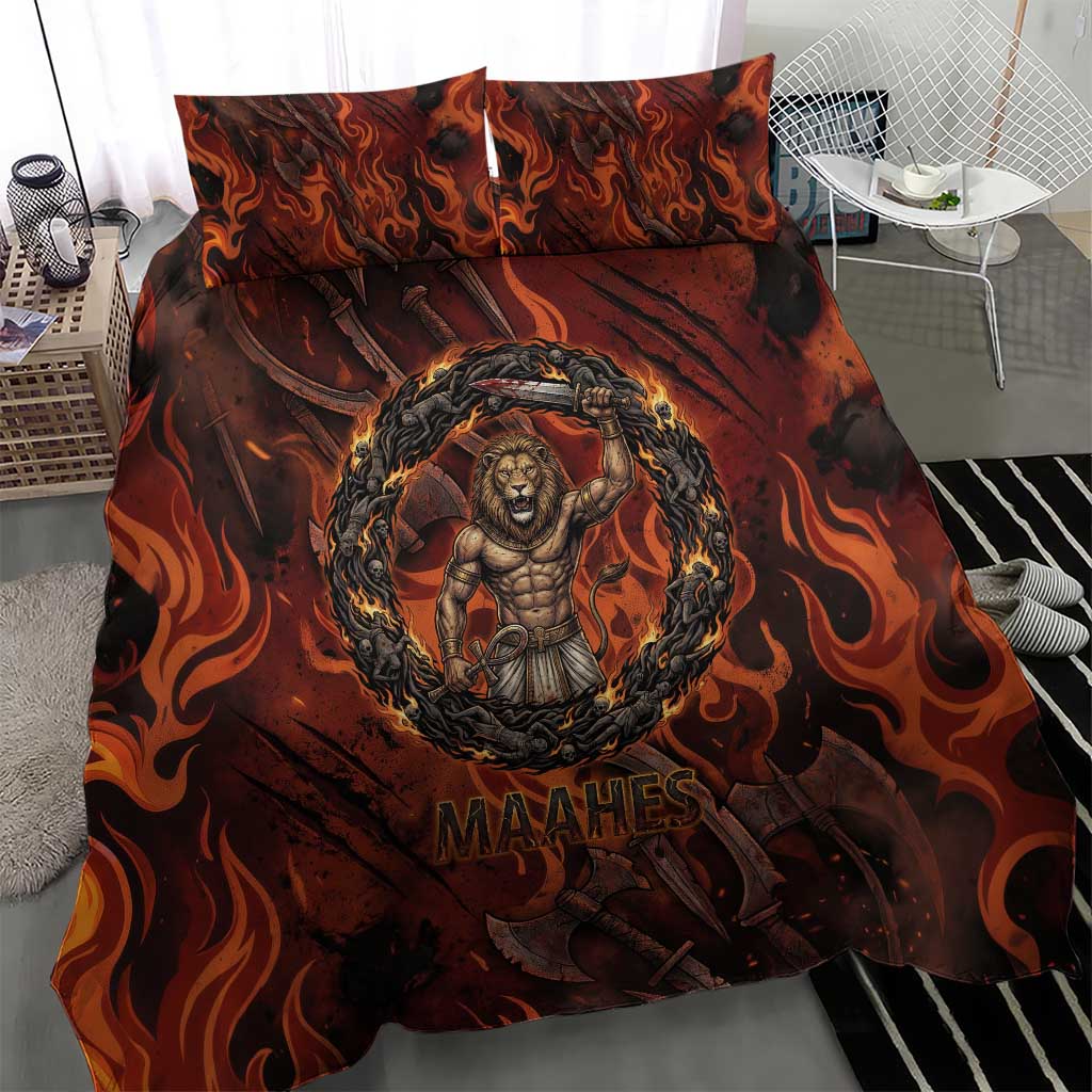 Maahes Bedding Set Ancient Egyptian Fiery Red Flame - Roaring Lion Head - African Pride