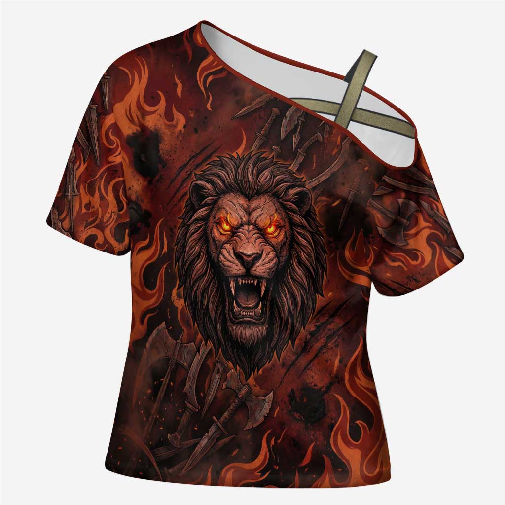 Maahes Cross Shoulder Shirt Ancient Egyptian Fiery Red Flame - Roaring Lion Head - African Pride