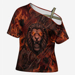 Maahes Cross Shoulder Shirt Ancient Egyptian Fiery Red Flame - Roaring Lion Head - African Pride