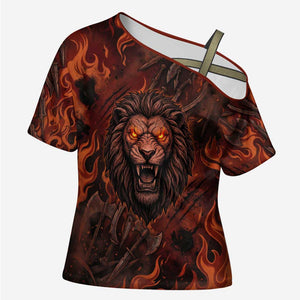 Maahes Cross Shoulder Shirt Ancient Egyptian Fiery Red Flame - Roaring Lion Head - African Pride