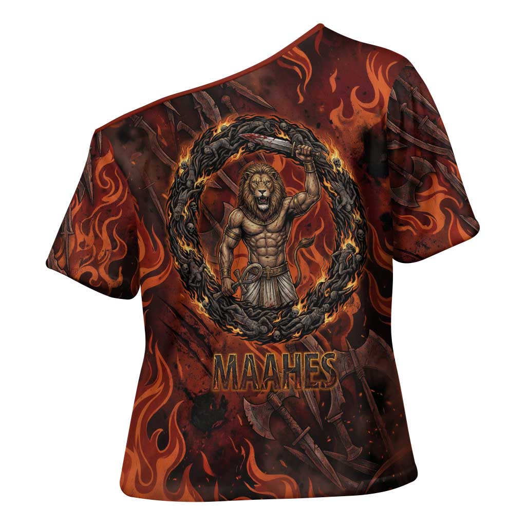 Maahes Cross Shoulder Shirt Ancient Egyptian Fiery Red Flame - Roaring Lion Head - African Pride