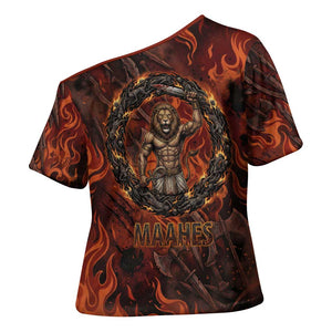 Maahes Cross Shoulder Shirt Ancient Egyptian Fiery Red Flame - Roaring Lion Head - African Pride