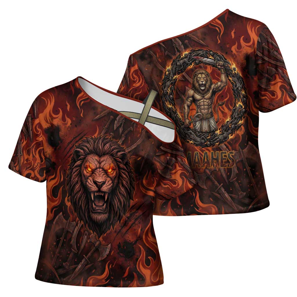 Maahes Cross Shoulder Shirt Ancient Egyptian Fiery Red Flame - Roaring Lion Head - African Pride