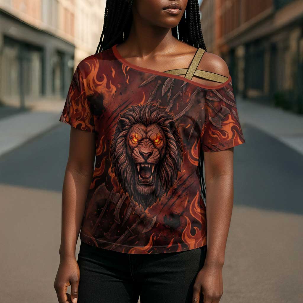 Maahes Cross Shoulder Shirt Ancient Egyptian Fiery Red Flame - Roaring Lion Head - African Pride